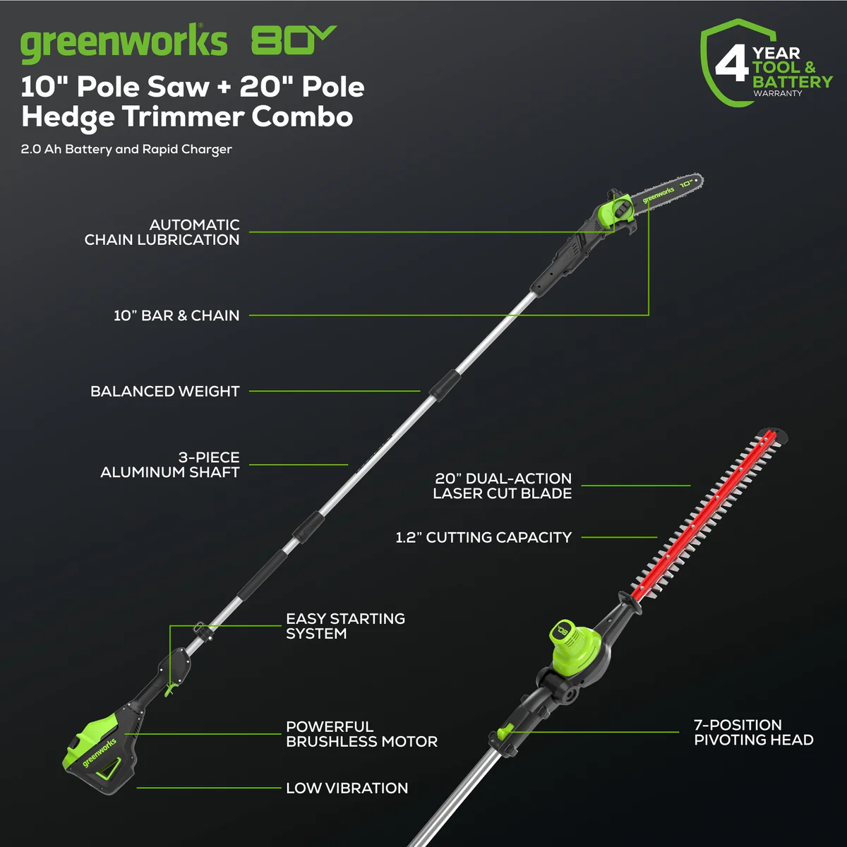 Kit de podadora inalámbrica de 80 V y 20" con pértiga y sierra de pértiga de 10" -Greenworks - Imagen 7