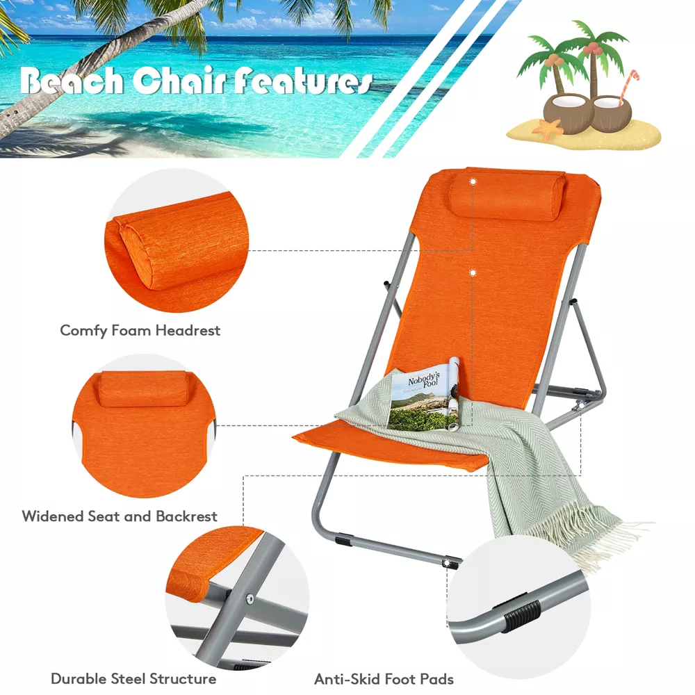Par de sillas de playa portátiles con 3 posiciones y reposacabezas, color naranja -Costway - Imagen 5