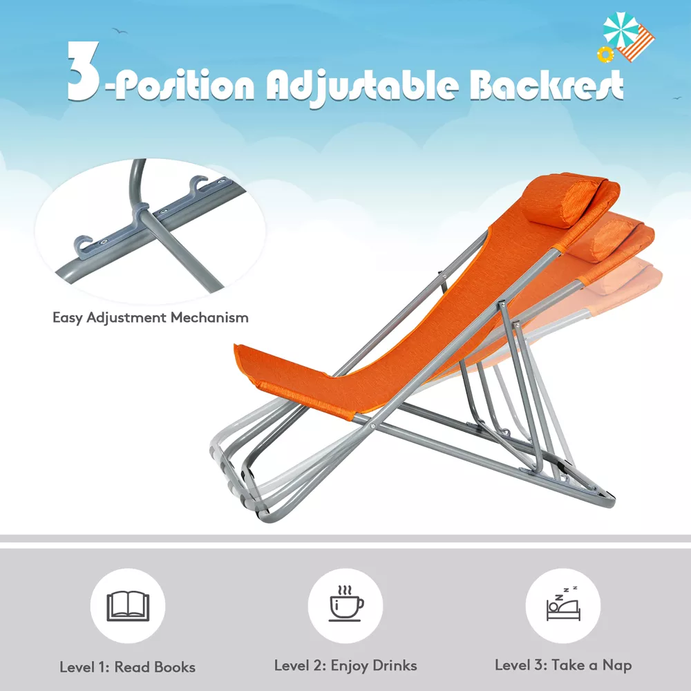 Par de sillas de playa portátiles con 3 posiciones y reposacabezas, color naranja -Costway - Imagen 7