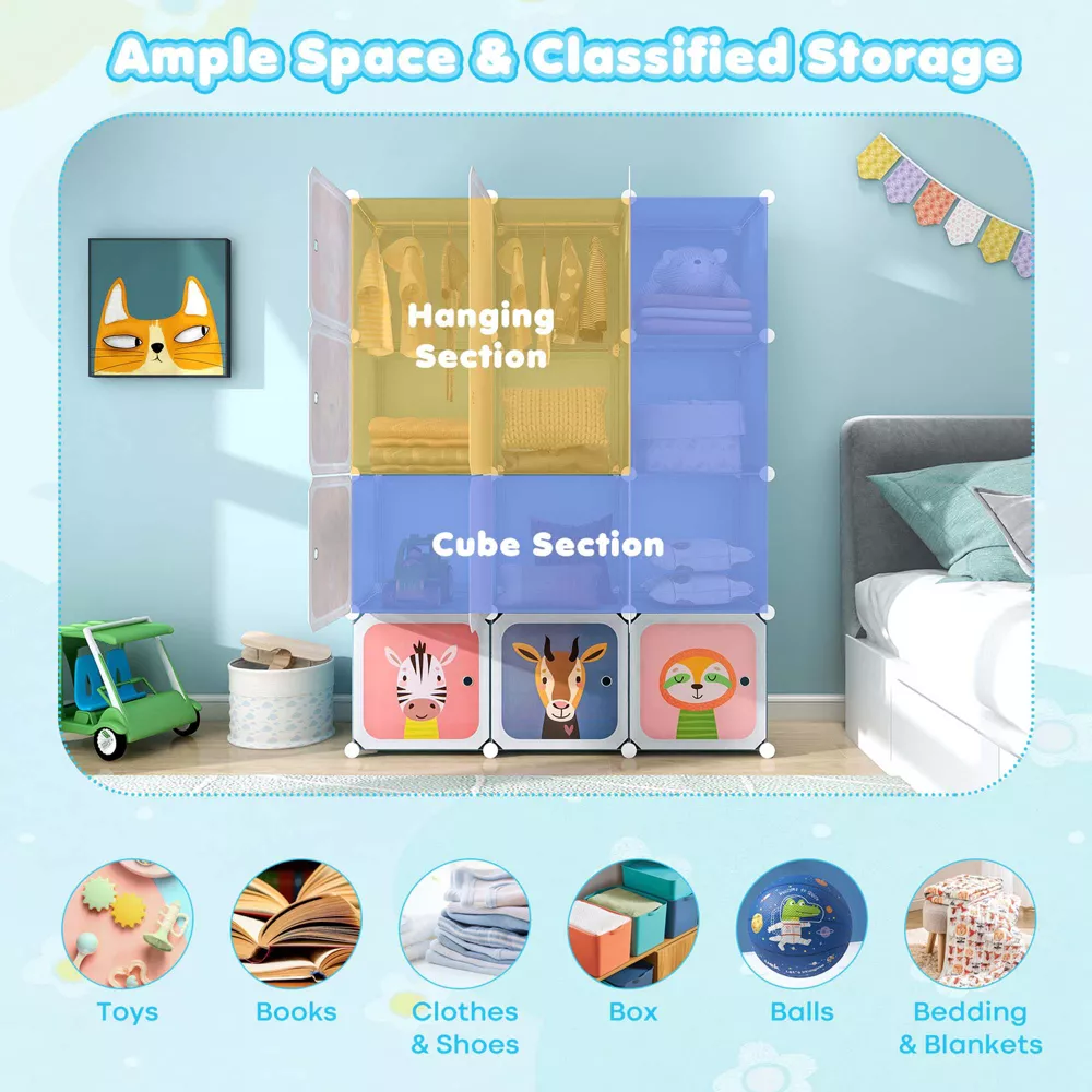 Armario para niños de 12 cubos con puertas, color azul -Costway - Imagen 8