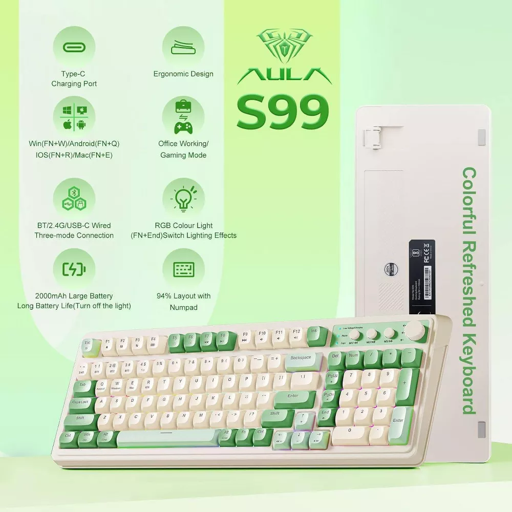 Teclado gamer inalámbrico con retroiluminación y perilla multimedia, color verde -AULA - Imagen 3