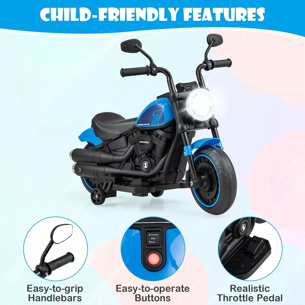 Motocicleta eléctrica para niños con ruedas de entrenamiento, faro LED y panel de música -Costway - Imagen 4