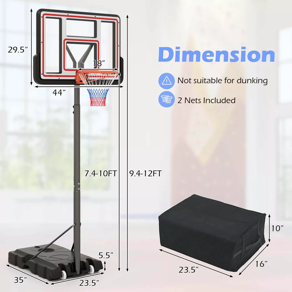 Canasta de baloncesto con altura ajustable de 7,4 a 10 pies con tablero de 44 pulgadas -Costway - Imagen 8