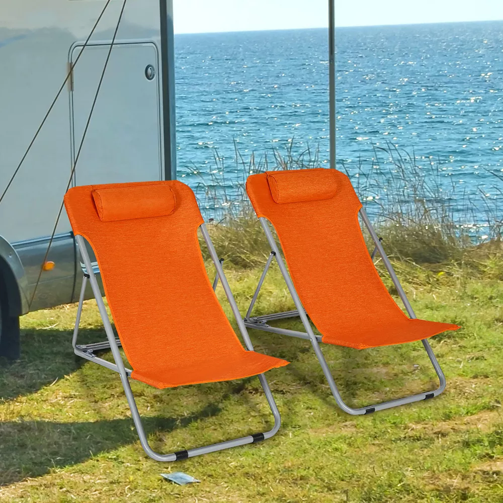 Par de sillas de playa portátiles con 3 posiciones y reposacabezas, color naranja -Costway - Imagen 8