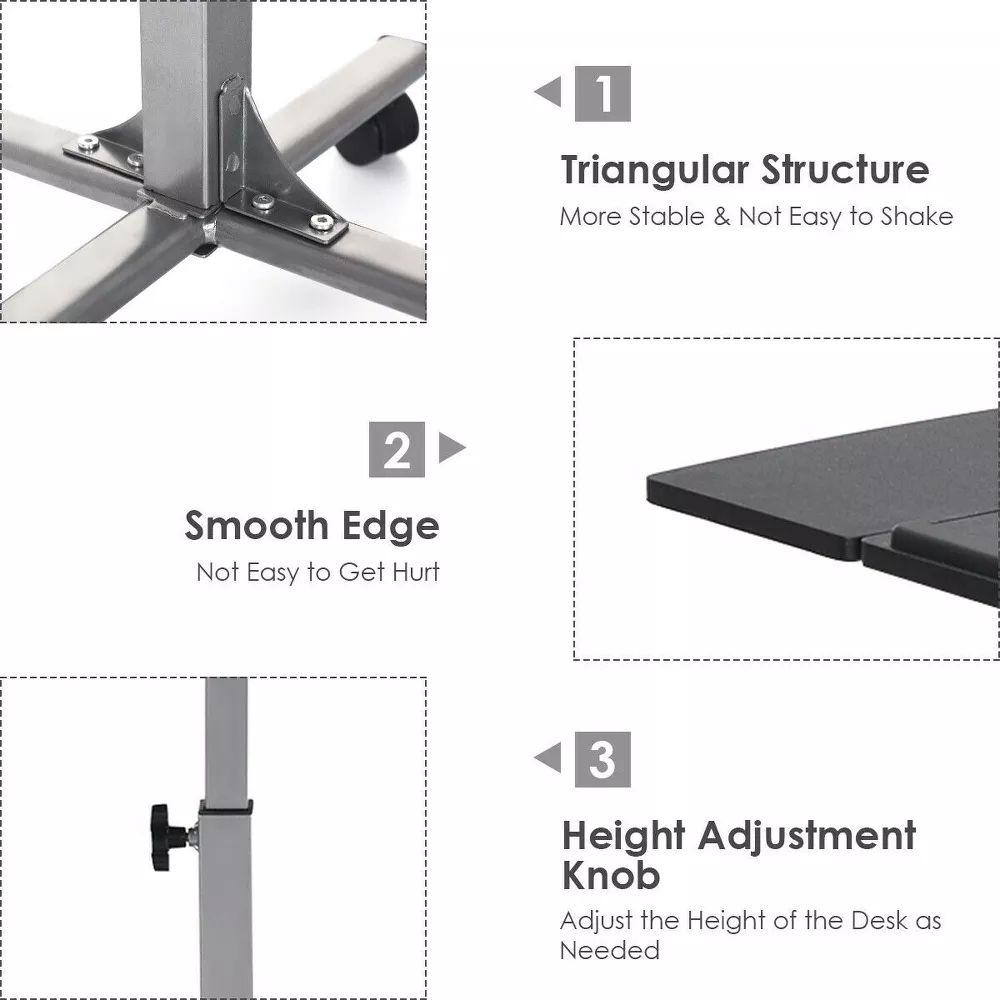 Escritorio móvil de altura ajustable para portátil, color negro -Costway - Imagen 3