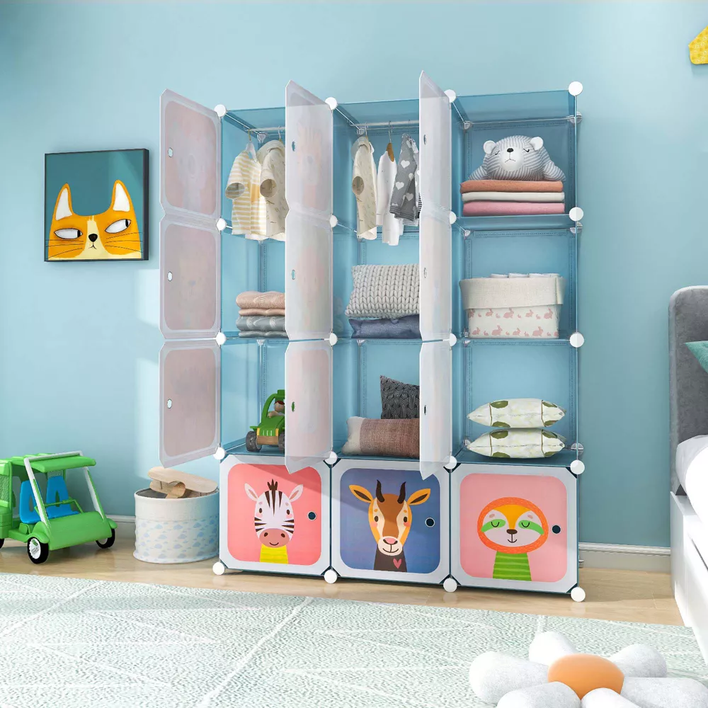 Armario para niños de 12 cubos con puertas, color azul -Costway - Imagen 10