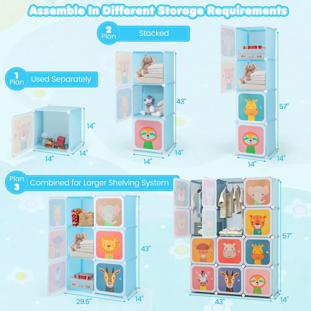 Armario para niños de 12 cubos con puertas, color azul -Costway - Imagen 5
