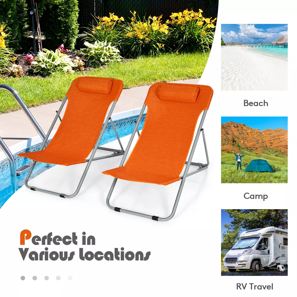 Par de sillas de playa portátiles con 3 posiciones y reposacabezas, color naranja -Costway - Imagen 3