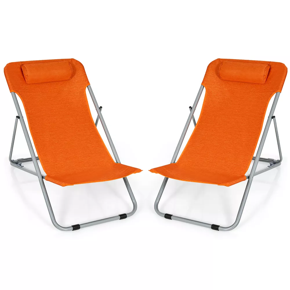 Par de sillas de playa portátiles con 3 posiciones y reposacabezas, color naranja -Costway