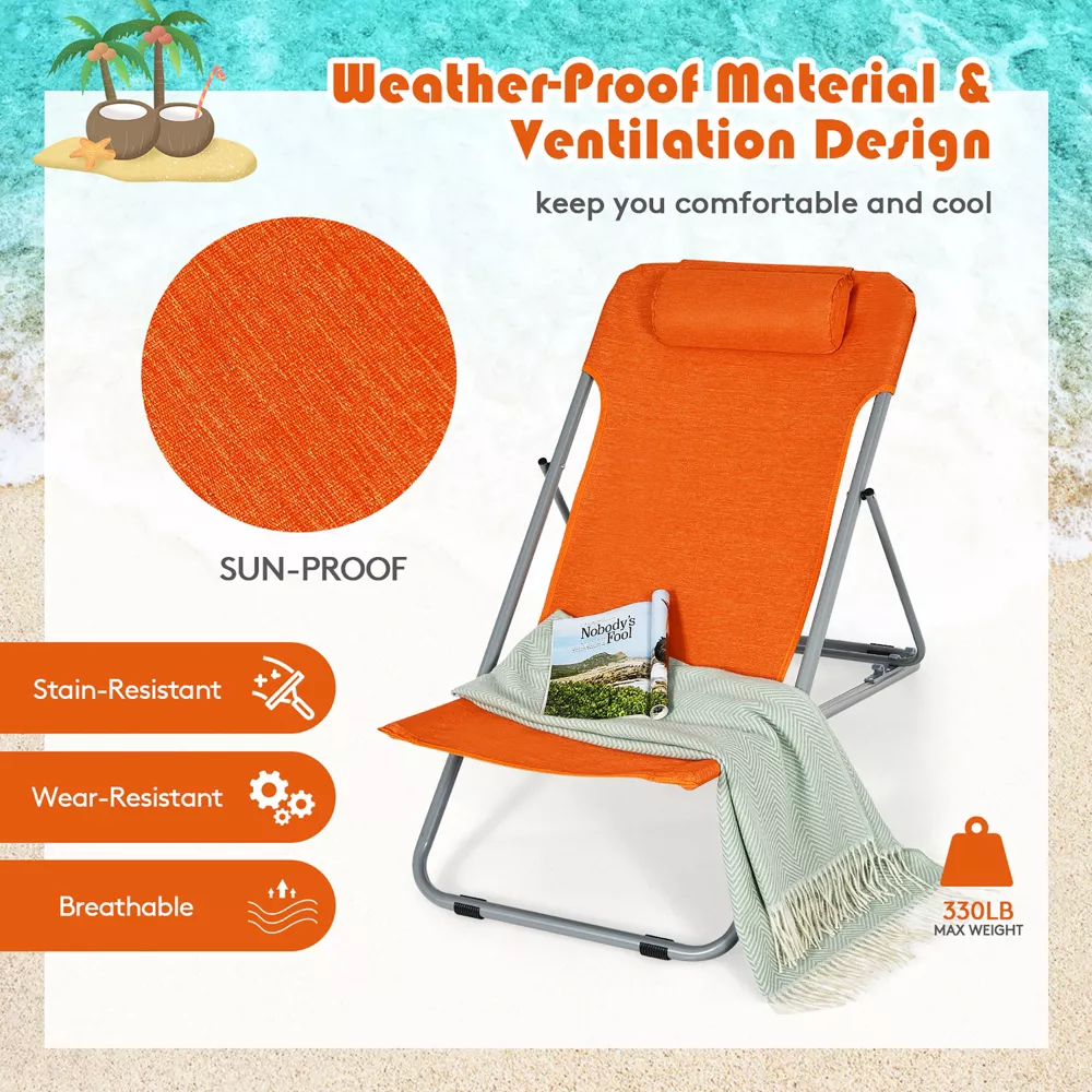 Par de sillas de playa portátiles con 3 posiciones y reposacabezas, color naranja -Costway - Imagen 6