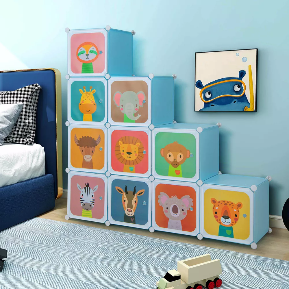 Armario para niños de 12 cubos con puertas, color azul -Costway - Imagen 9