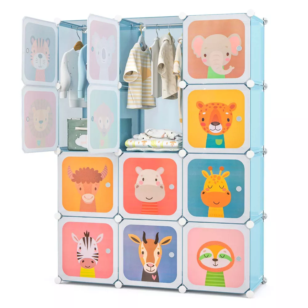 Armario para niños de 12 cubos con puertas, color azul -Costway
