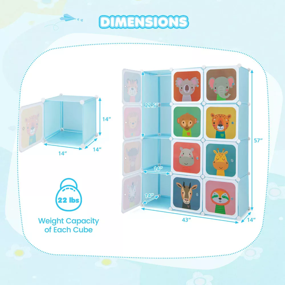 Armario para niños de 12 cubos con puertas, color azul -Costway - Imagen 3