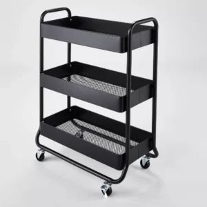 Carrito auxiliar de metal de 3 niveles con ruedas, color negro -Brightroom