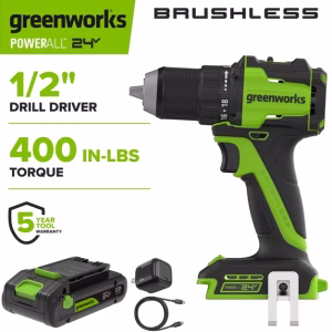 Taladro/Atornillador sin escobillas de 24V 1/2" con batería de 2 Ah -Greenworks