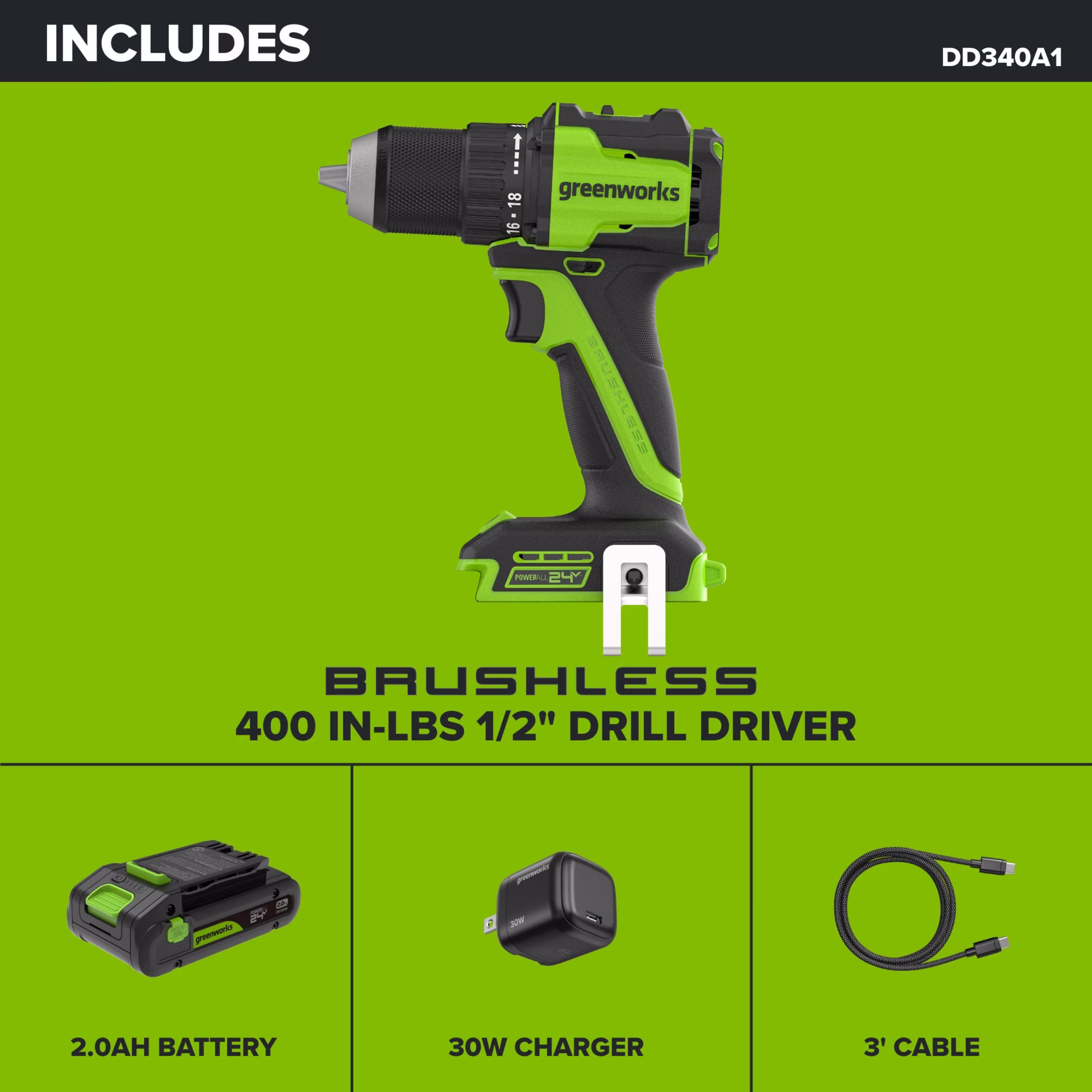 Taladro/Atornillador sin escobillas de 24V 1/2" con batería de 2 Ah -Greenworks - Imagen 2
