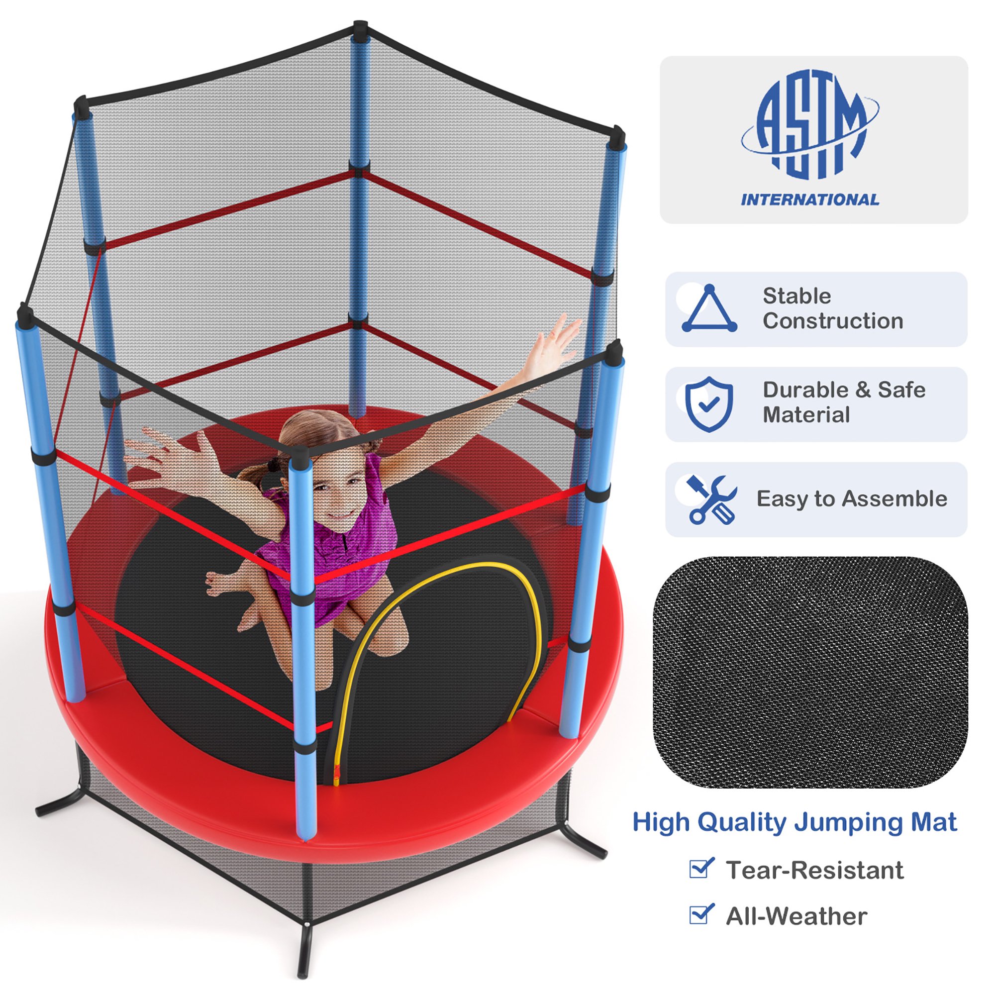 Trampolín para niños de 55" con tapete de salto y red de protección -Costway - Imagen 3