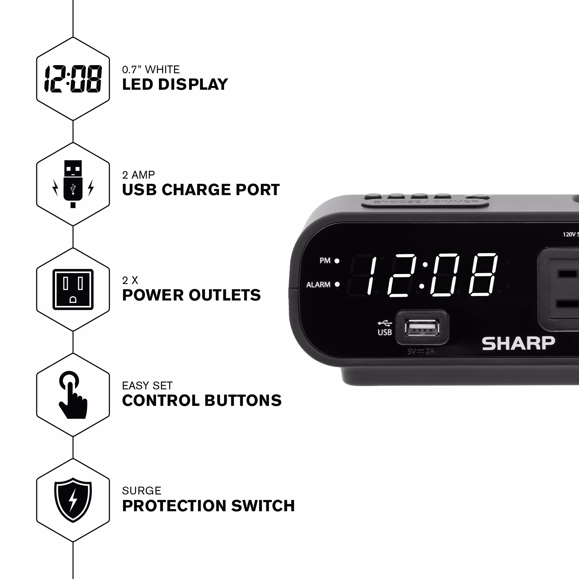 Reloj despertador digital con pantalla LED, puerto USB de 2 Amp y 2 tomacorrientes AC -SHARP - Imagen 4