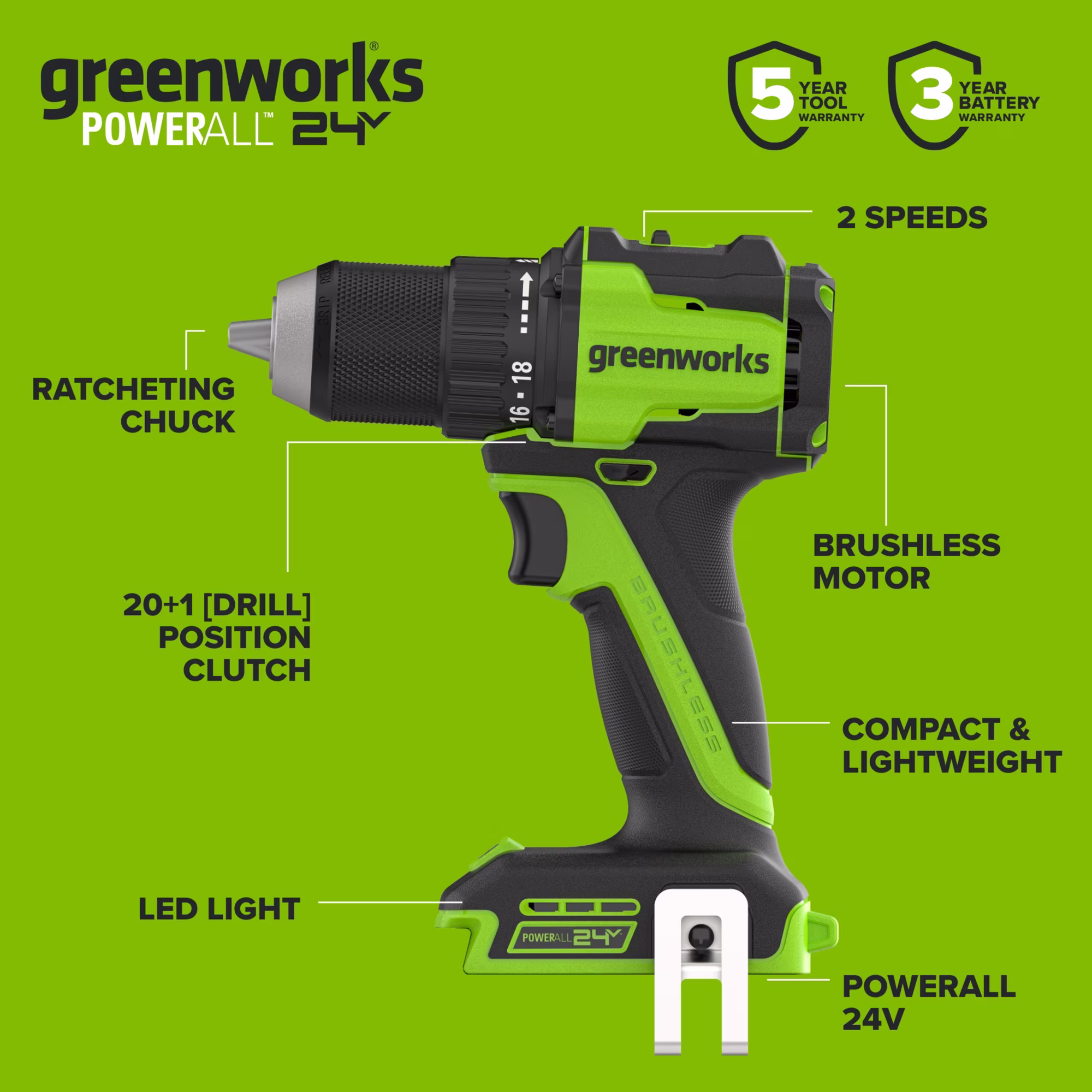 Taladro/Atornillador sin escobillas de 24V 1/2" con batería de 2 Ah -Greenworks - Imagen 3