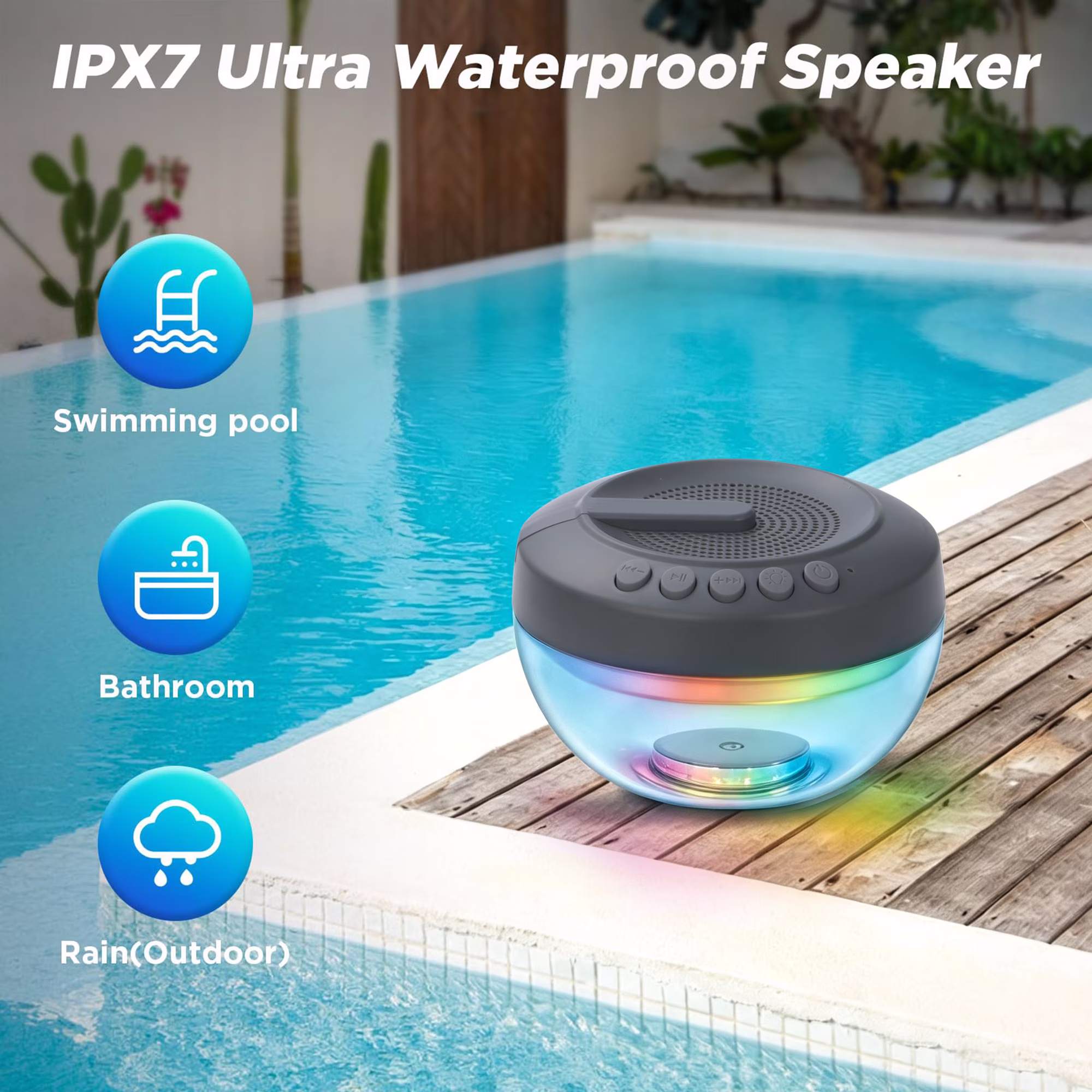Altavoz bluetooth flotante para alberca con impermeabilidad IPX7 con luces LED -Bluescape - Imagen 6