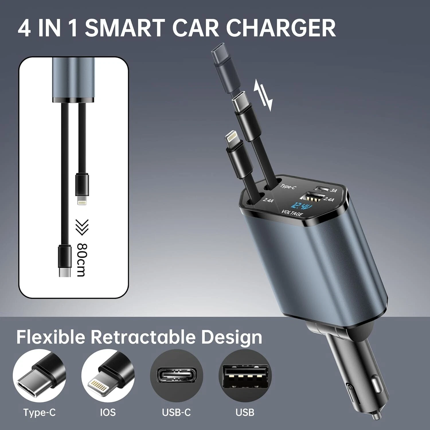 Adaptador de cargador 4 en 1 para carro de 120 W retráctil -XIANGBIN - Imagen 7