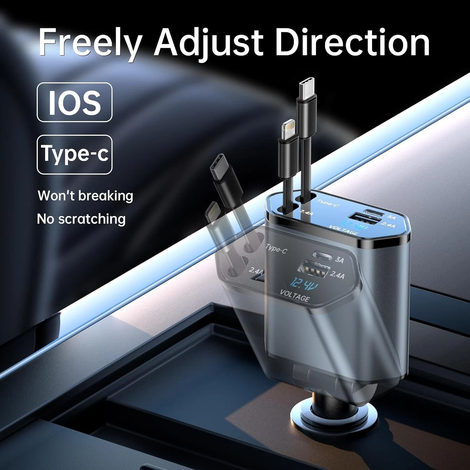 Adaptador de cargador 4 en 1 para carro de 120 W retráctil -XIANGBIN - Imagen 5