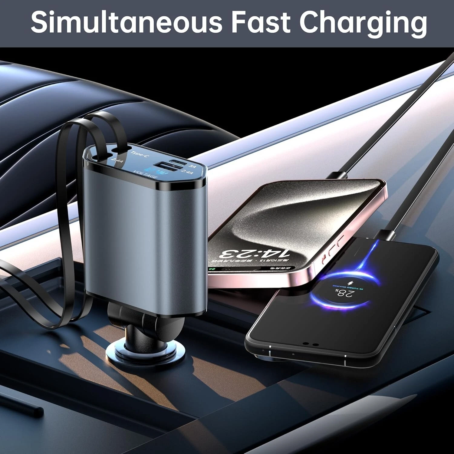 Adaptador de cargador 4 en 1 para carro de 120 W retráctil -XIANGBIN - Imagen 2