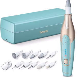 Kit profesional de manicura y pedicura de 14 piezas con accesorios, luz LED y velocidad ajustable -Beurer