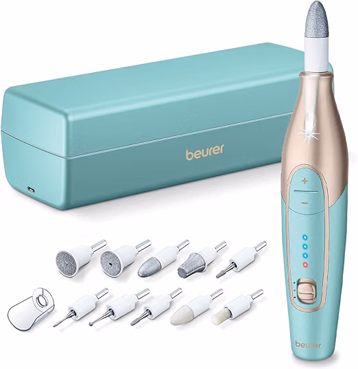 Kit profesional de manicura y pedicura de 14 piezas con accesorios, luz LED y velocidad ajustable -Beurer