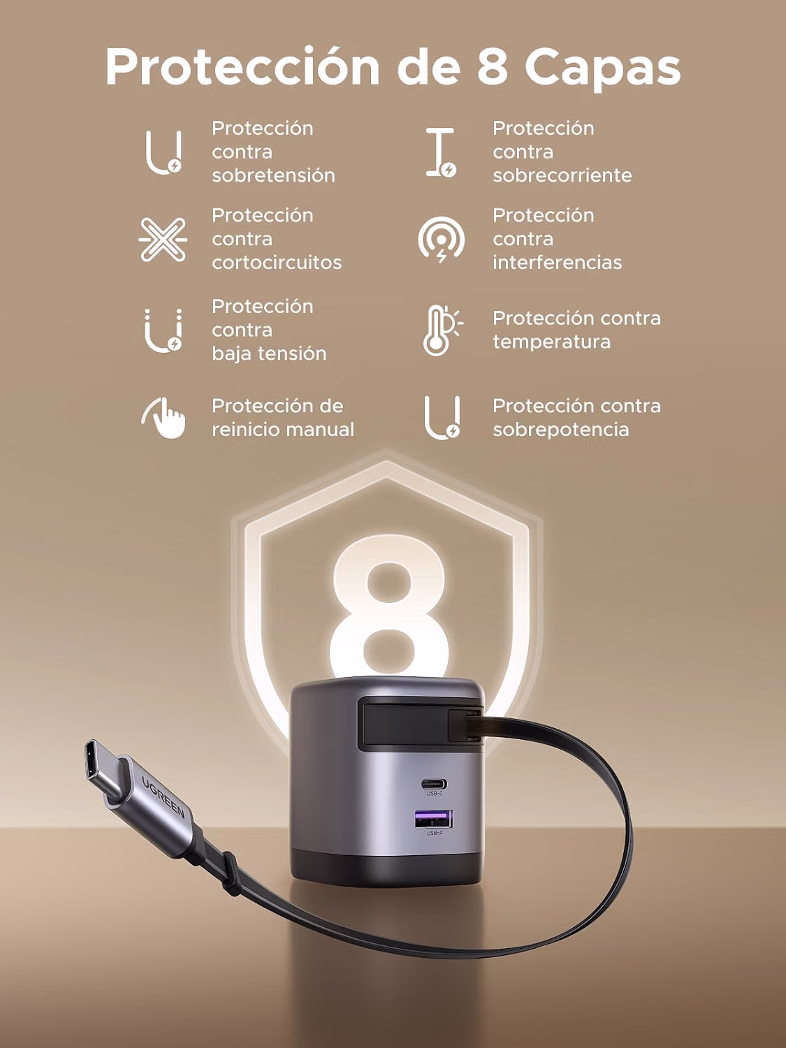 Cargador de 45W con cable retráctil tipo USB C GAN portátil -UGREEN - Imagen 3