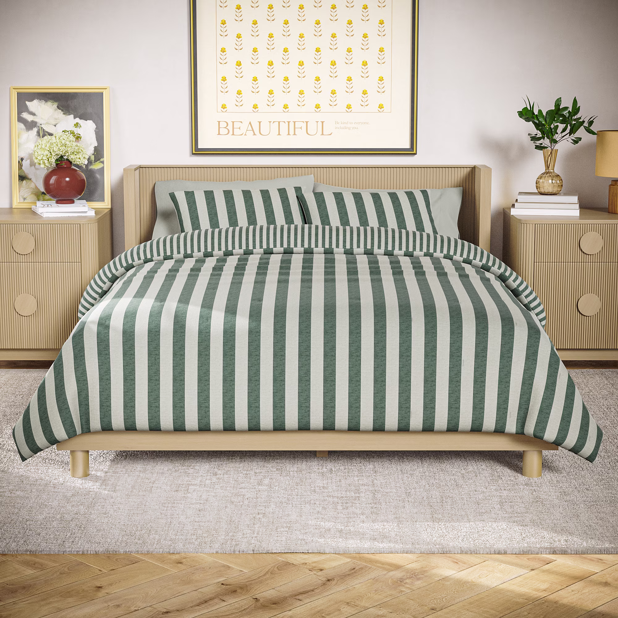 Juego de sábanas reversible de 3 piezas, tamaño King, color verde con rayas –Beautiful