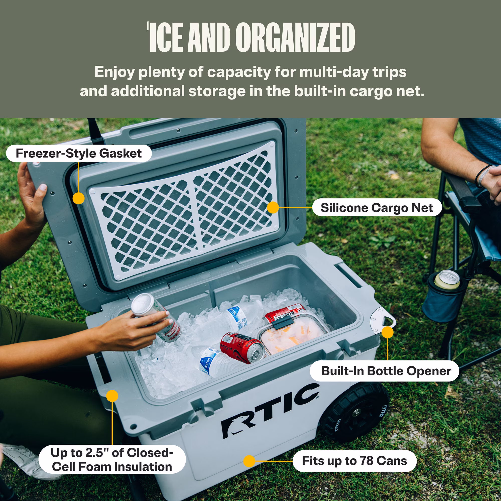 Hielera con ruedas ultraligera de 52 Qt para 76 Latas, color blanca y gris -RTIC - Imagen 5