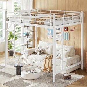 Cama tipo loft de metal con marco de hierro resistente, color blanco -JOUUQZ