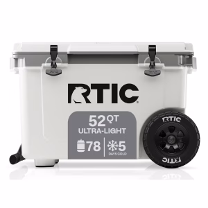 Hielera con ruedas ultraligera de 52 Qt para 76 Latas, color blanca y gris -RTIC