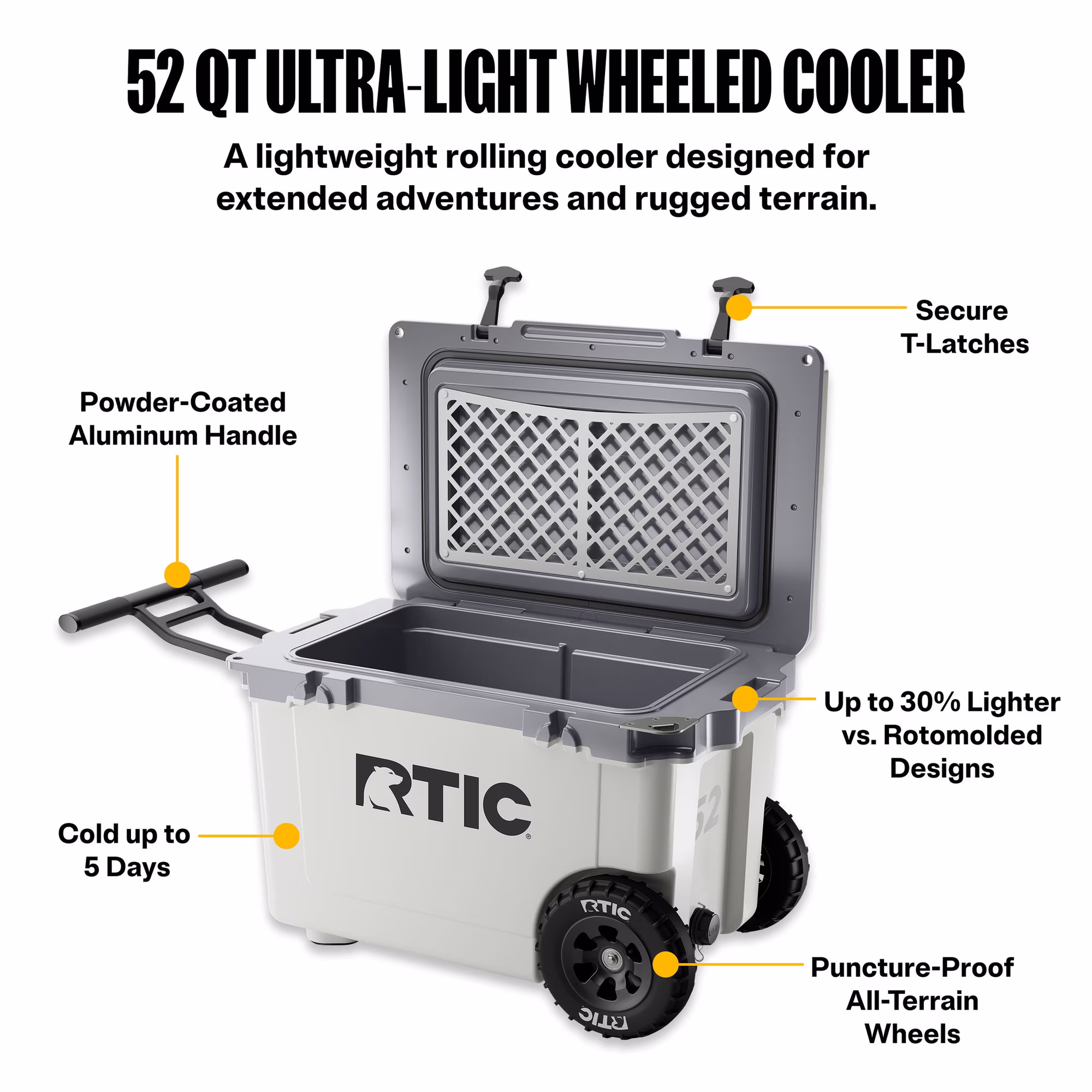Hielera con ruedas ultraligera de 52 Qt para 76 Latas, color blanca y gris -RTIC - Imagen 6
